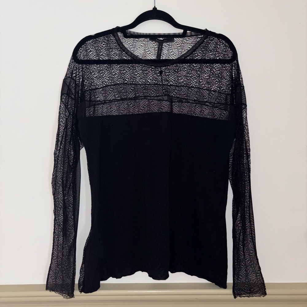 BCBGMaxAzria Black Lace Long Sleeve Blouse | Sheer Detail | Size L